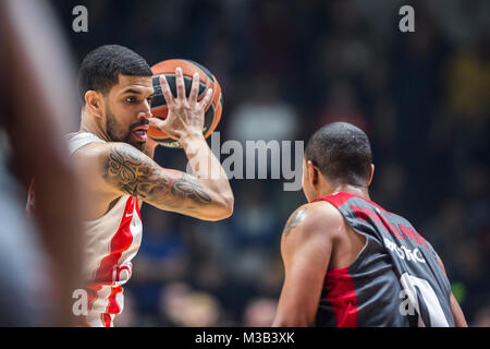 9. Februar 2018, Aleksandar Nikolic Hall, Belgrad, Serbien; Euroleague Basketball, Crvenz Zvezda mts Belgrad vs. AX Armani Exchange Olimpia Mailand; Guard James Feldeine von Crvena Zvezda mts Belgrad in Aktion mit der Kugel Stockfoto