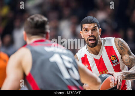 9. Februar 2018, Aleksandar Nikolic Hall, Belgrad, Serbien; Euroleague Basketball, Crvenz Zvezda mts Belgrad vs. AX Armani Exchange Olimpia Mailand; Guard James Feldeine von Crvena Zvezda mts Belgrad Drives zum Korb Stockfoto