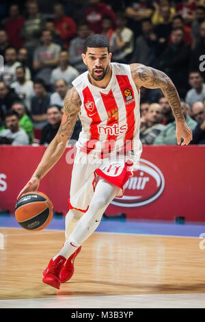 9. Februar 2018, Aleksandar Nikolic Hall, Belgrad, Serbien; Euroleague Basketball, Crvenz Zvezda mts Belgrad vs. AX Armani Exchange Olimpia Mailand; Guard James Feldeine von Crvena Zvezda mts Belgrad in Aktion mit der Kugel Stockfoto