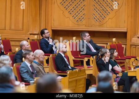 Stockholm, Schweden, 10. Februar, 2018. "Künftige Konferenz" Schweden Demokraten (SD) (Sverigedemokraterna) in das Haus des Parlaments, Stockholm. Stockfoto