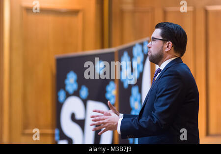 Stockholm, Schweden, 10. Februar, 2018. "Künftige Konferenz" Schweden Demokraten (SD) (Sverigedemokraterna) in das Haus des Parlaments, Stockholm. Parteichef Jimmie Åkesson (SD) Rede auf die Politik 2018 - 2022 und über seine Visionen für die zukünftige Entwicklung der Partei. Stockfoto