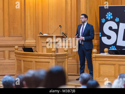 Stockholm, Schweden, 10. Februar, 2018. "Künftige Konferenz" Schweden Demokraten (SD) (Sverigedemokraterna) in das Haus des Parlaments, Stockholm. Parteichef Jimmie Åkesson (SD) Rede auf die Politik 2018 - 2022 und über seine Visionen für die zukünftige Entwicklung der Partei. Stockfoto