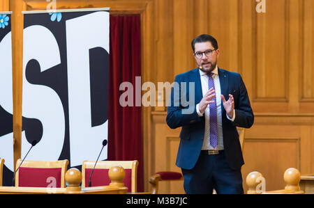 Stockholm, Schweden, 10. Februar, 2018. "Künftige Konferenz" Schweden Demokraten (SD) (Sverigedemokraterna) in das Haus des Parlaments, Stockholm. Parteichef Jimmie Åkesson (SD) Rede auf die Politik 2018 - 2022 und über seine Visionen für die zukünftige Entwicklung der Partei. Stockfoto