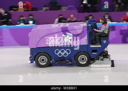 Gangneung, Südkorea. 10 Feb, 2018. Resurfacing das Eis für Short Track Speed Skating Aktion am 2018 Pyeongchang Winter-olympischen Spiele, in Tainan Ice Arena statt. Credit: Scott Mc Kiernan/ZUMA Draht/Alamy leben Nachrichten Stockfoto