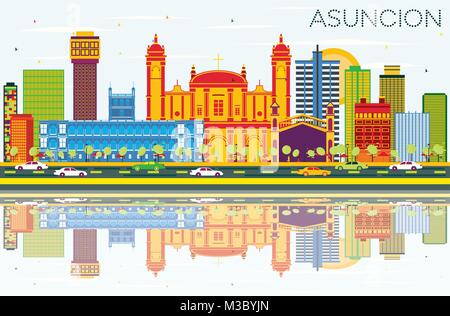 Asuncion Paraguay Skyline der Stadt mit Gebäuden, blauer Himmel und Reflexionen. Vector Illustration. Business Travel und Tourismus Konzept. Stock Vektor