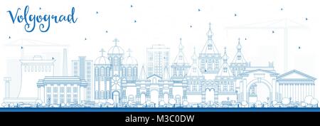 Umrisse Wolgograd Russland Skyline der Stadt mit blauen Gebäude. Vector Illustration. Business Travel und Tourismus Konzept mit historischer Architektur. Stock Vektor