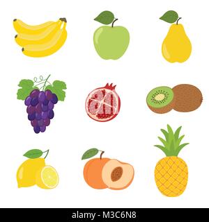 Set aus bunten cartoon Obst icons Apfel, Birne, Pfirsich, Banane, Trauben, Kiwi, Zitrone, Grenadine, Ananas. Stock Vektor