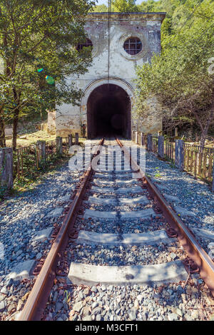 Neue ATHOS, Abchasien, Georgien, vom 19. SEPTEMBER 2017: Eisenbahn Schienen und Tunnel in der Nähe des Psirtskha Bahnhof auf sonnigen Sommertag Stockfoto