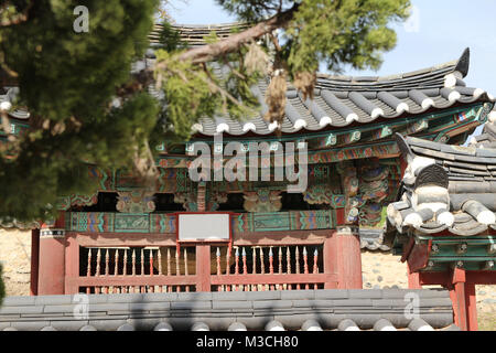 Traditionelle Eingang in alten koreanischen Architektur als Zweige wie Verwischen Vordergrund Gyeongju Yangdong Folk Village, Südkorea Stockfoto