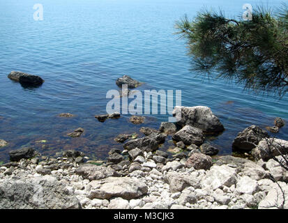 Küste von Meer mit Felsen und Steine am Strand. Schwarze Meer. Krim Stockfoto
