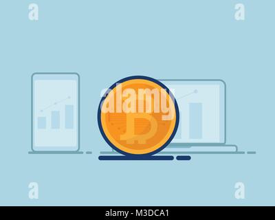 Abbildung: bitcoins mit Grafik im Notebook und Smartphone flache Bauform cryptocurrency Konzept Vektor Stock Vektor