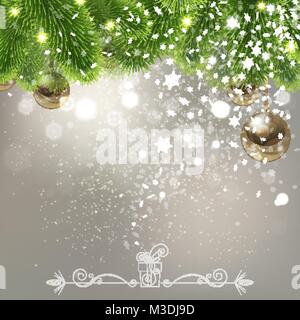 Weihnachten Hintergrund mit fallenden Schneeflocken und Christbaum Kugeln Stock Vektor