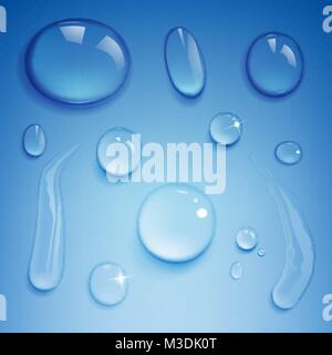 Satz von Wassertropfen auf einem blauen Hintergrund Stock Vektor