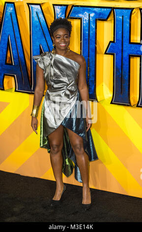 Clara Amfo besucht die Europäische Premiere von Marvel Studios' 'Black Panther' bei Eventim Apollo Hammersmith am 8. Februar 2018 in London, England Stockfoto