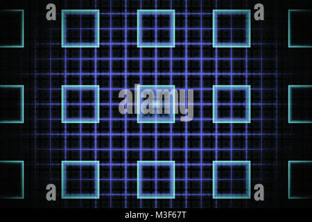 Abstrakte tech Fraktale mit glühenden cyan Quadrate auf einem Neon Violett grid Hintergrund Stockfoto
