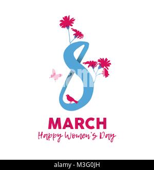 Der Frauentag 2018 Blumen Grußkarte, weiblich Abbildung mit 8. März Text zitieren und Frühling Blumen in der Hand gezeichneten Stil. EPS 10 Vektor. Stock Vektor
