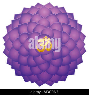 Kronenchakra mit Aum oder Om Symbol in der Mitte. Tausend blättrige Lotus oder lila Sahasraha. Spirituelle Heilung Symbol. Stockfoto