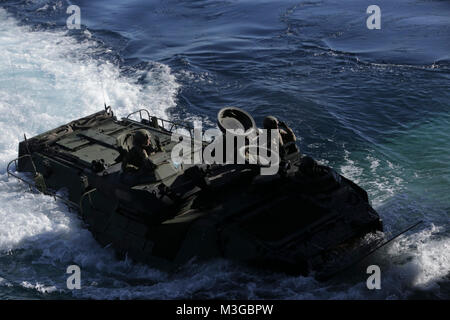 USS RUSHMORE, Pazifischer Ozean - Marines mit 3 Assault Amphibian Bataillon, 1st Marine Division, und japanische Soldaten mit der westlichen Armee Infanterie Regiment, Japan Ground Self Defense Force, bereiten ihre Amphibisches Fahrzeug in die welldeck der USS Rushmore (LSD-47) während der Übung Iron Fist 2018, Jan. 31. Die Übung bringt US-Marines aus dem 11 Marine Expeditionary Unit und Soldaten aus dem JGSDF ihre bilateralen Planung, die Kommunikation zu verbessern und die Durchführung des kombinierten amphibischen Operationen. (U.S. Marine Corps Stockfoto