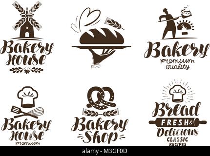 Bäckerei, backhaus Etikett oder Logo. Brot, Backwaren, Lebensmittel Symbol. Typografische Gestaltung Vector Illustration Stock Vektor