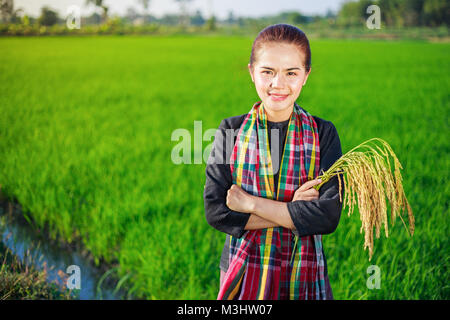 Bauer Frau mit Reis im Feld, Thailand Stockfoto