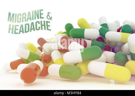 Migräne & Kopfschmerzen, Gesundheit konzeptionelle mit Bündel von Kapseln, Medizin oder Pillen, auf weißem Hintergrund, 3D-rendering Image Stockfoto