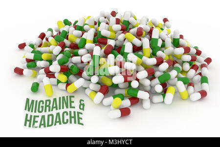 Migräne & Kopfschmerzen, Gesundheit konzeptionelle mit Bündel von Kapseln, Medizin oder Pillen, auf weißem Hintergrund, 3D-rendering Image Stockfoto