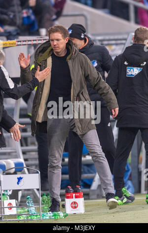 Julian Nagelsmann Trainer der TSG Hoffenheim während der Italienischen "Bundesliga" Match zwischen TSG Hoffenheim 4-2 FSV Mainz 05 um WIRSOL Rhein-Neckar-Arena am 10. Februar in Sinsheim, Deutschland 2018. Credit: Maurizio Borsari/LBA/Alamy leben Nachrichten Stockfoto