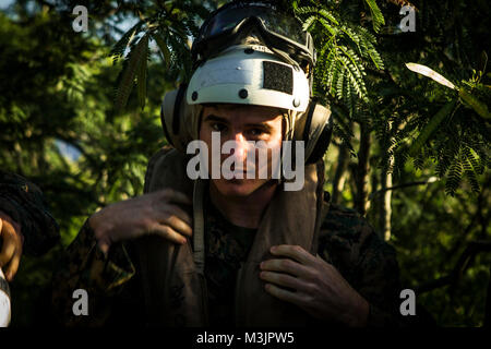 Cpl. Cody F. Shepard, ein Avionik Techniker Marine Aviation Logistics Squadron 24 zugewiesen, bereitet für einen Flug von Ulupa'u Krater Zurück zur Marine Corps Air Station, Kaneohe Bay, nach seiner leiblichen den erfolgreichen Abschluss des Kurses am Gipfel des Kraters, Feb 9, 2018. Marine Flugzeuge Gruppe 24 von Corporal Kurs Klasse 3-18 Graduierung begann nach einer Wanderung über den Krater. (U.S. Marine Corps Stockfoto