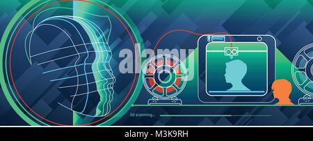 3D-Scanner 3D-Druck mann Kopf oder Gesicht. Vector Illustration. Stock Vektor