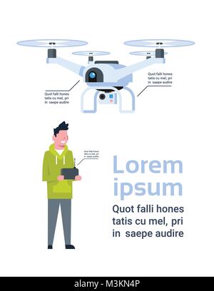 Mann mit Fernbedienung für moderne Drohne über Vorlage Infografik Hintergrund Stock Vektor