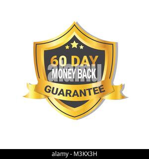 Goldener Schild Geld zurück In 60 Tagen Garantie Label mit Band isoliert Stock Vektor
