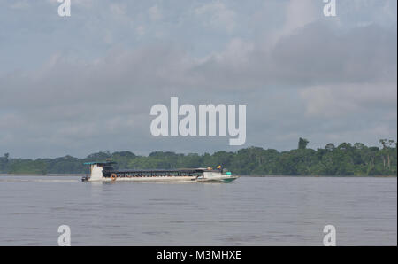 Eine schnelle Fähre oder Wasser Bus namens "Yasuni' Geschwindigkeit hinter dem Amzonian Regenwald entlang des Napo River in der Nähe von Coca oder Puerto Francisco de Orellana. Coca, P Stockfoto