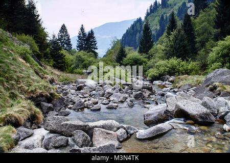 Torrent unter dem Wasserfall von Partschins Stockfoto