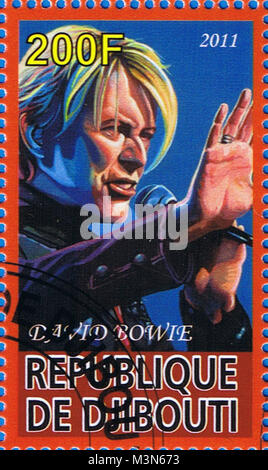 Dschibuti - ca. 2011: eine Briefmarke in der Republik Dschibuti, David Bowie, ca. 2011 gedruckt Stockfoto