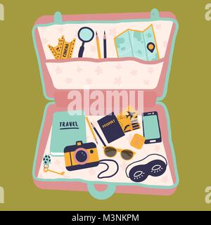 Reiseetui mit Reisepass, Kamera, Tagebuch. Buggage Stock Vektor