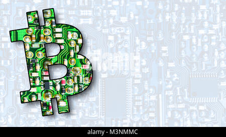 Bitcoin, crypto Währungen und virtuelle Worldwide Payment Systems. Textur aus elektronischen Komponenten mit bunten Symbol der digitalen cryptocurrency. Stockfoto