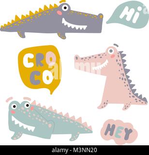 Set mit fröhlicher Fun Krokodile. Cartoon Alligatoren Stock Vektor