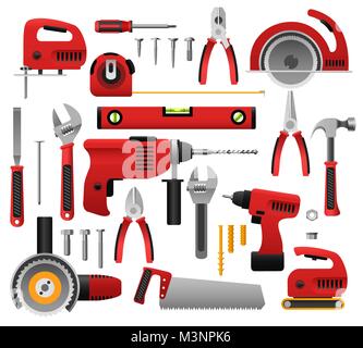 Construction Tools. Symbol Konstruieren mit Schraubendreher Satz und sah, Spanner und Roulette, Hammer und Flugzeug Vector Illustration Stock Vektor