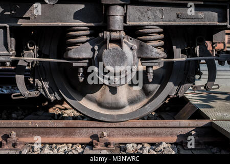 Zug Rad closeup - Railroad wagon wheel Makro- Stockfoto