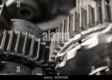 Zahnräder und Getriebe closeup, vintage Maschinen makro- Stockfoto