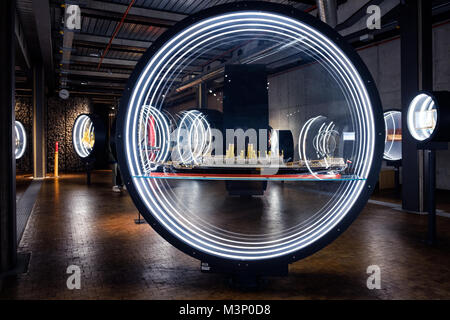 Berlin, Deutschland - Februar 2018: Boot und Schiff Modell Ausstellung im Deutschen Technik Museum (Deutsches Technikmuseum). Stockfoto