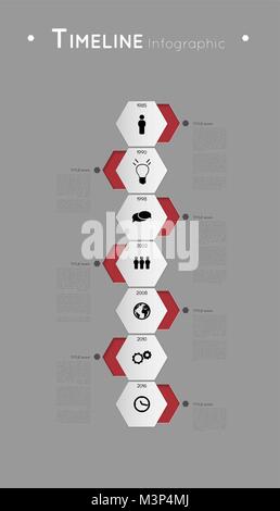 Timeline Infografik Vorlage mit roten Sechsecke und Symbole, Flachbild Wirkung Stock Vektor
