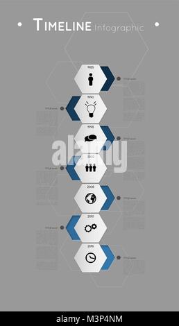Timeline Infografik Vorlage mit blauen Sechsecke und Symbole, Flachbild Wirkung Stock Vektor