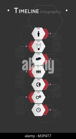 Timeline Infografik Vorlage mit roten Sechsecke und Symbole, Flachbild Wirkung Stock Vektor