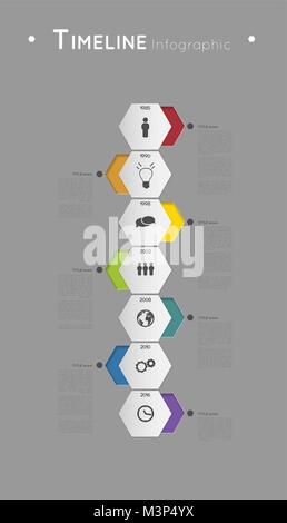 Timeline Infografik Vorlage mit bunten Sechsecken und Symbole, Flachbild Wirkung Stock Vektor