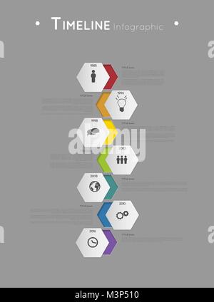 Timeline Infografik Vorlage mit bunten Sechsecken und Symbole, Flachbild Wirkung Stock Vektor