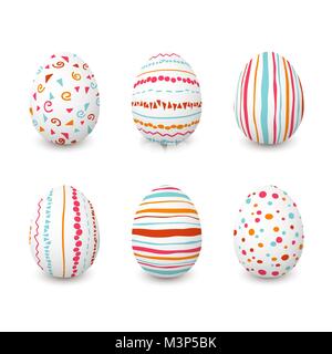 Der weiße Ostern Eier mit einfachen rosa, orange, rot, blauen Streifen, Muster Punkte, Konfetti, Wellen, blüht. Kann für die für die Verpackung verwendet werden, Temp. Stock Vektor