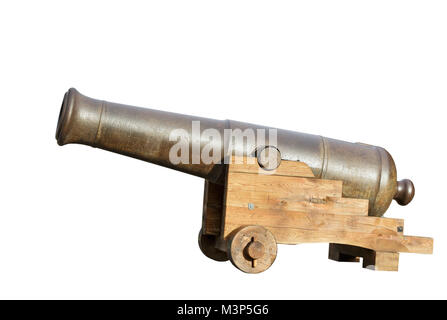 Alte bronze Kanone mit einem holzsockel auf weißem Hintergrund Stockfoto