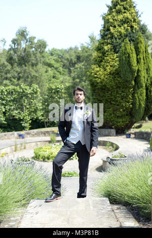Porträt einer hübschen dunkelhaarigen jungen Mann Hochzeit Kleidung auf einem hellen, sonnigen Tag, blickt er zuversichtlich und fröhlich Stockfoto