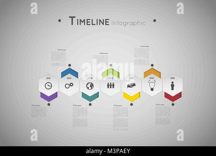 Timeline Infografik Vorlage mit bunten Sechsecken und Symbole Stock Vektor